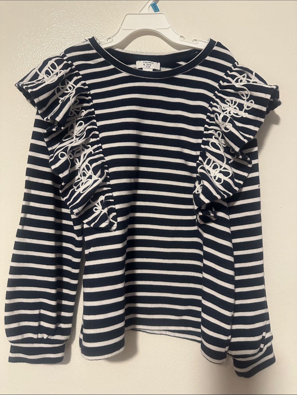 crown & ivy Navy and White Striped Ruffle Long Sleeve Top